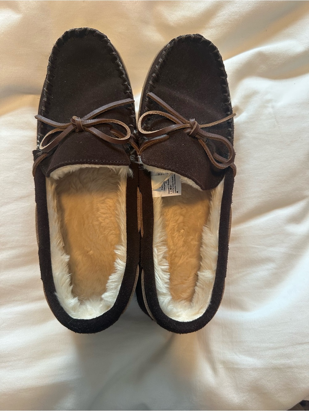 J. Crew Men's Brown Faux-Suede Moccasin Slippers with Cream Fur Lining
